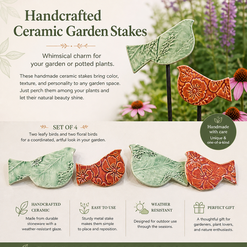 Handcrafted ceramic garden stakes with birds and floral designs on a garden background.
