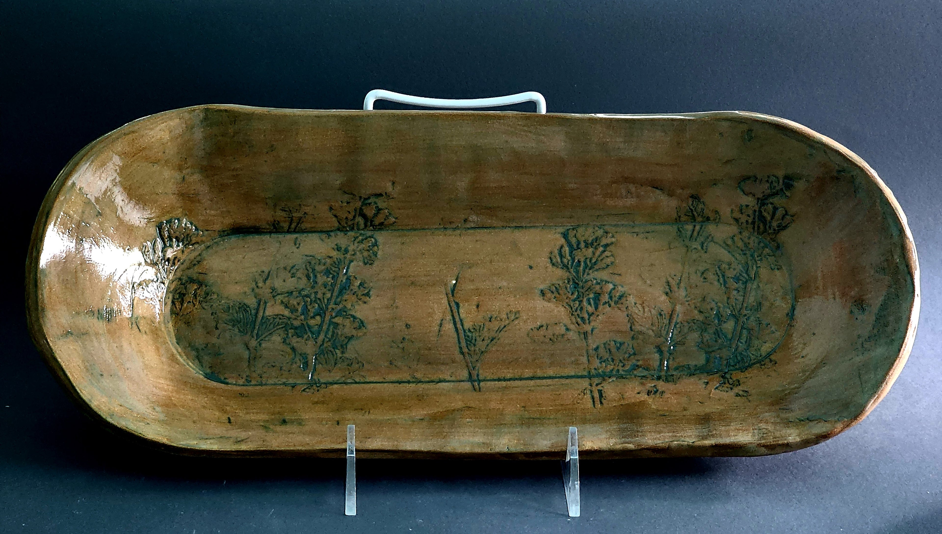 Artisan Pottery Serving Platter – Leaf Impression Design, Handmade Stoneware