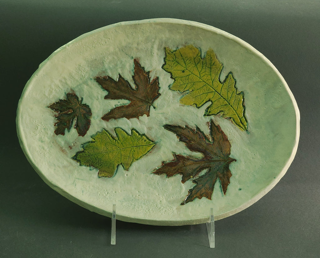 Artisan Pottery Serving Platter – Leaf Impression Design, Handmade Stoneware