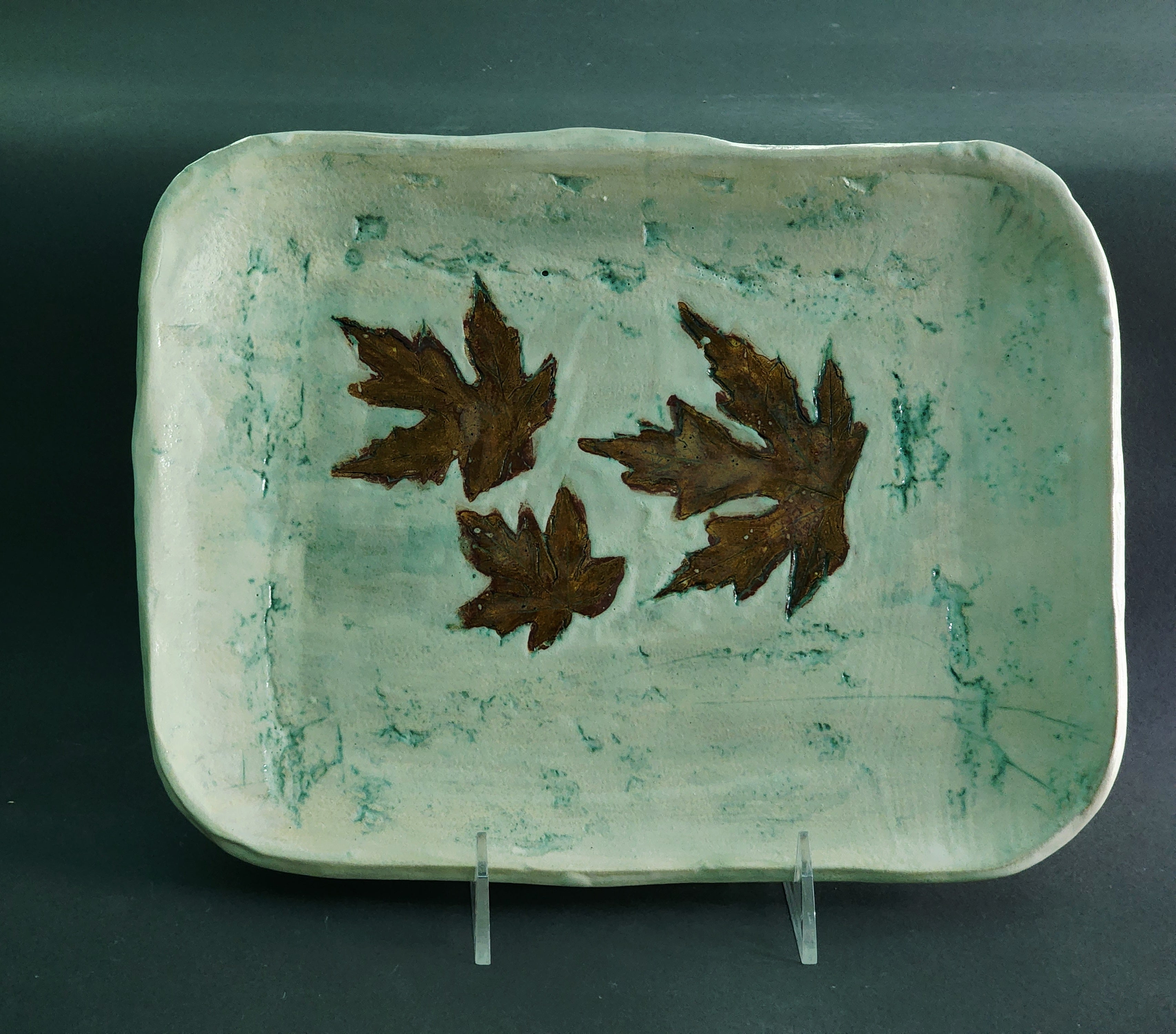 Artisan Pottery Serving Platter – Leaf Impression Design, Handmade Stoneware